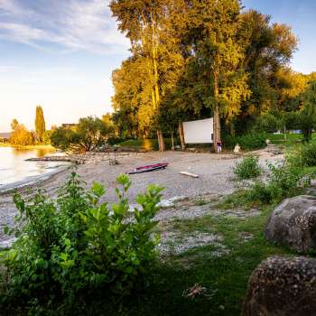 by the water